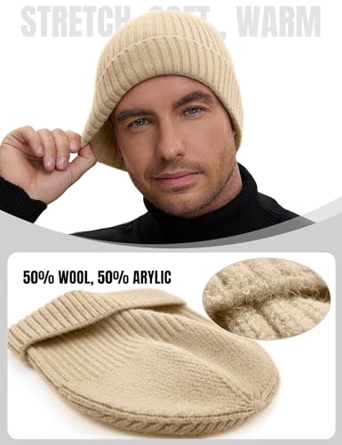 vidsel 50% Wool Double Cuff Beanie Hat for Men Women, Warm Winter Knit Cap - color: Apricot