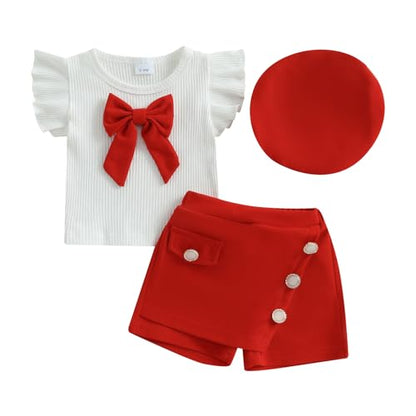 Baby Girls Fly Sleeve 3D Bow Rib Knit Shirt + Irregular Skorts + Beret Hat - color: Red, size: 6-9 Months