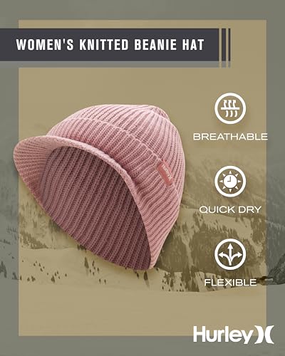 Hurley Womens Caylin Ribbed Cable Knit Beanie with Visor - color: Mauve