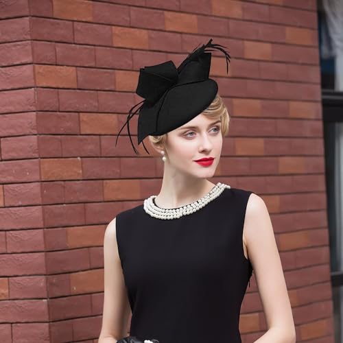 Women's Vintage 100% Wool Felt Cloche Bucket Bowler Hat Winter Vintage Bow Fedoras Church Fascinator - color: 01-black
