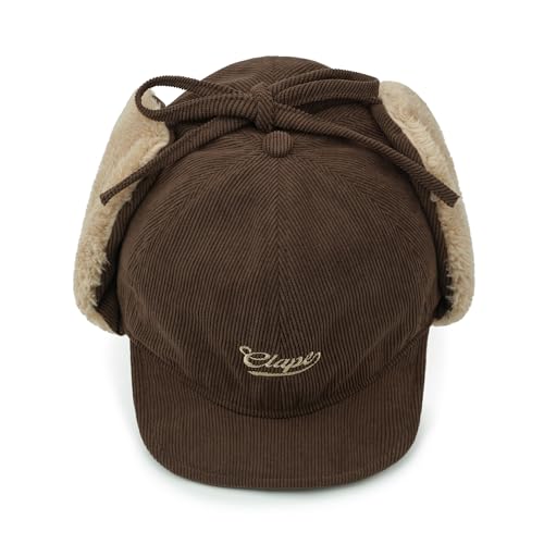 CLAPE Men Winter Baseball Cap, Outdoor Windproof Warm Fleece Trapper Hat w/Visor & Earflap for Clod Weather, Adjustable Size