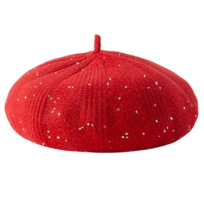 Lanzom Classic Knitted Berets for Women Stylish French Beret Hats for Women Girls Lady Beret Hat - color: Red