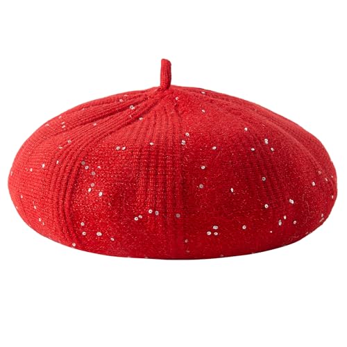 Lanzom Classic Knitted Berets for Women Stylish French Beret Hats for Women Girls Lady Beret Hat - color: Red