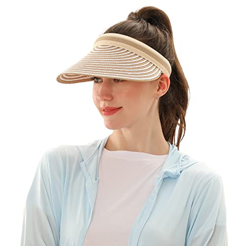 Women Summer Sun Hat Lady's Portable Beach Visor Bowknot Straw Hat - color: Khaki Stripe