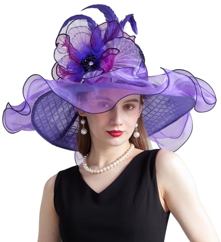 Women Organza Derby Hat Fascinator Tea Party Wedding Church Derby Hat Fascinator Hats Dual-use - color: 02e Purple
