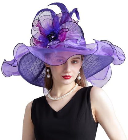 Women Organza Derby Hat Fascinator Tea Party Wedding Church Derby Hat Fascinator Hats Dual-use - color: 02e Purple