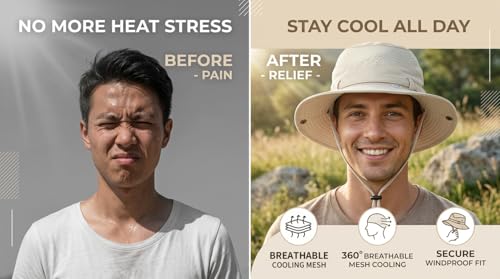 Men’s UV Sun Hat, Breathable Mesh Bucket Hat, Adjustable Chin Strap, Lightweight Foldable Outdoor Fishing Hiking Hat - color: #B32 Khaki, size: 7 1/4-7 5/8
