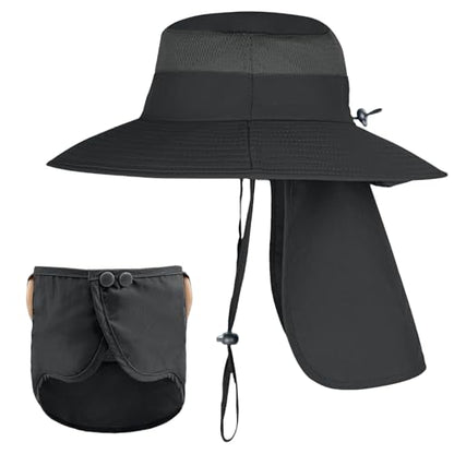 ZOORON Sun Hats for Men Women with Neck Flap Fishing UPF 50+ UV Protection - color: Black (With Face Cover)