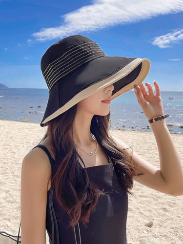 Womens Sun Hats with UV Protection Wide Brim Summer Beach Hat Upf50+ Foldable Travel - color: Black