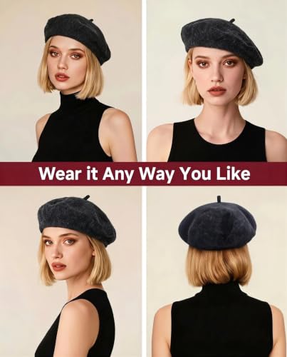 Wool French Beret Hats for Women Classic Winter Beanie Cap - color: Black Flower Grey