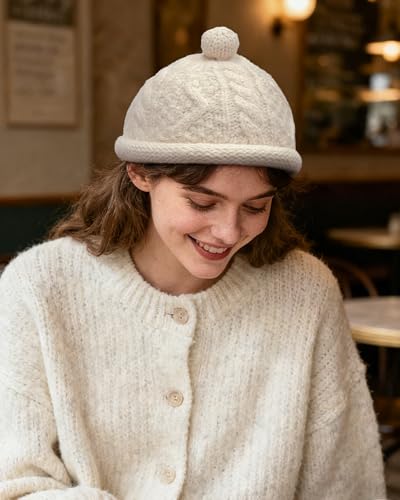 Croogo Brimless Hats Winter Watch Cap No Visor Knit Beanie Sailor Fisherman Docker Cap - color: Cream