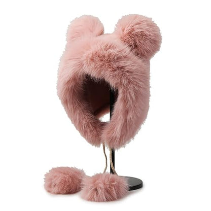 Winter Faux Fur Hat with Ears Flaps Fluffy Bear Beanie Cap Animal Lovers Gift - color: Pink