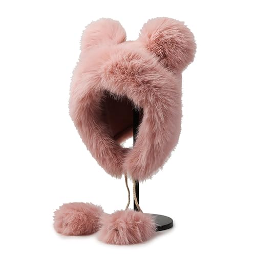 Winter Faux Fur Hat with Ears Flaps Fluffy Bear Beanie Cap Animal Lovers Gift - color: Pink