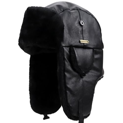 Unisex Winter Leather Trapper Hat with PU Coating for Hunting Skiing Trooper Winter Outdoor Activities - color: Light Black, size: Medium-Large
