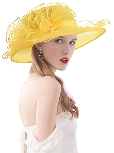 Women's Kentucky Derby Church Dress Hat Wide Brim Leaf Flower Bridal Shower Hat - color: G7 Yellow