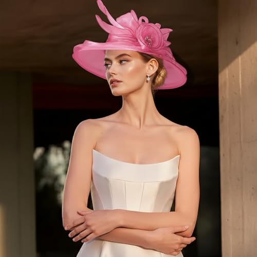 DRESHOW Women Organza Hat Church Cap Hats Clearance Kentucky Derby Cocktail Tea Party Wedding Flower Hat with Wide Brim - color: Flower Hat: Pink