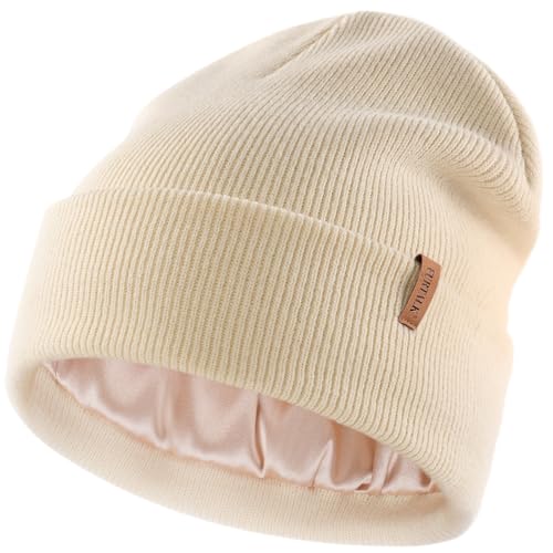 FURTALK Satin Lined Beanie for Women Men Knit Beanie Hat Acrylic Winter Hats Warm Slouchy Skull Cap - color: Beige