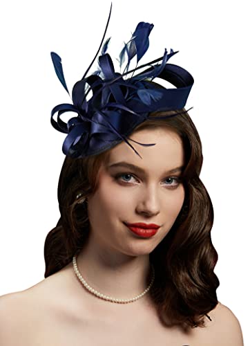 Kentucky Derby Fascinators for Women High Tea Party Hat Wedding Cocktail Flower Headware with Mesh and Feathers - color: Y-navy