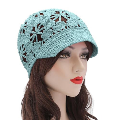 ZLYC Women Summer Slouchy Crochet Hat Handmade Cutout Skull Cap with Visor - color: Plain Light Blue, size: One Size