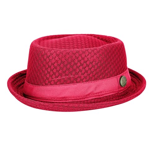 Summer Mesh Pork Pie Hat Cute Fedora Hat Lightweight Breathable Short Brim Bowler Derby Cap for Men Women - color: Red