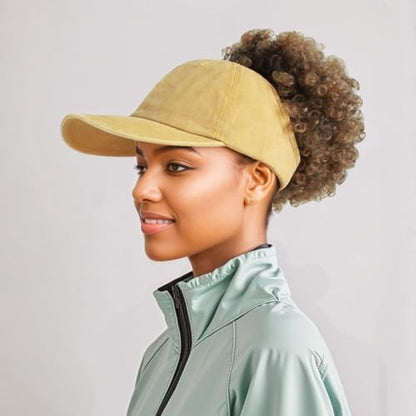 2 Pack Backless Cap for Women Natural Curly Hair Hat Baseball Cap Afro Puff Ponytail Hat - color: Black+yellow