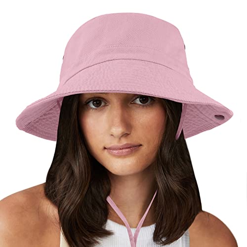 Unisex Cotton Boonie Hat Summer Fishing Bucket Hat Sun Hat with String - color: Solid Pink