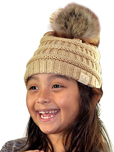 C.C Children's Kids' Soft Stretch Cable Knit Faux Fur Pom Beanie Hat - color: Beige