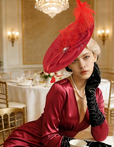 Unpifolov Fascinators Hats Elegant Women Flower Mesh Feathers Wedding Cocktail Bride Headband for Derby Hat Tea Party - color: Red
