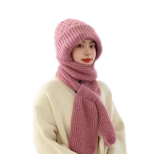 Women Winter Warm Elastic Soft Ear Protection Knitted Scarf Hat Fleece Lined Beanie Hat - color: Pink