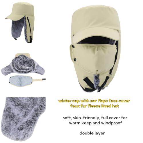 Trapper Hat Warm Faux Fur Winter Cap with Ear Flaps Windproof Waterproof Snow Ski Hats for Men Women Cold Weather - color: Khaki