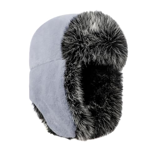 PURFUN Fuzzy Faux Fur Ushanka Russian Hat for Men Women, Winter Plush Full Hood Earflap Cap Cycling Ski Hunting Trapper Hat - color: Grey