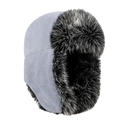 PURFUN Fuzzy Faux Fur Ushanka Russian Hat for Men Women, Winter Plush Full Hood Earflap Cap Cycling Ski Hunting Trapper Hat - color: Grey