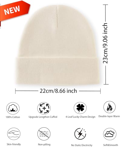 100% Cotton Beanie Lengthen Cuffed Beanies Knit Winter Hats Unisex - color: 1-beige