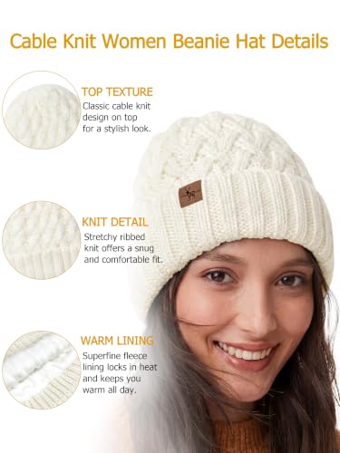 Winter Hats for Women Cable Knit Chunky Skull Cap Fleece Lined Thick Fold Cuff Beanie hat - color: White, style: Pineapple
