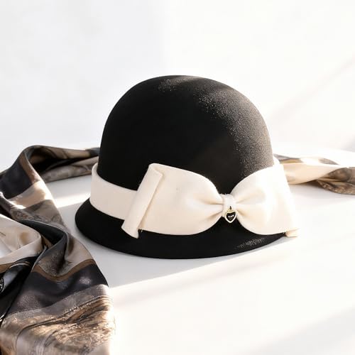 Women Solid Color 100% Wool Winter Hat Women Cloche Bucket Bowler with Bowknot - color: Black With Cream Bow