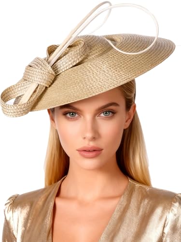Vintage Fascinators Pillbox Hat for Women Straw Fedora Wide Brim Ladies Church Sinamay Derby Hats - color: Champagne