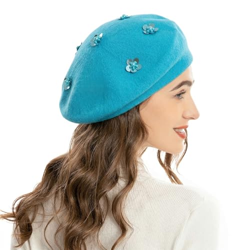 ZLYC Women French Beret Hat Reversible Knit Thickened Warm Artist Cap - color: Paillettes Blue