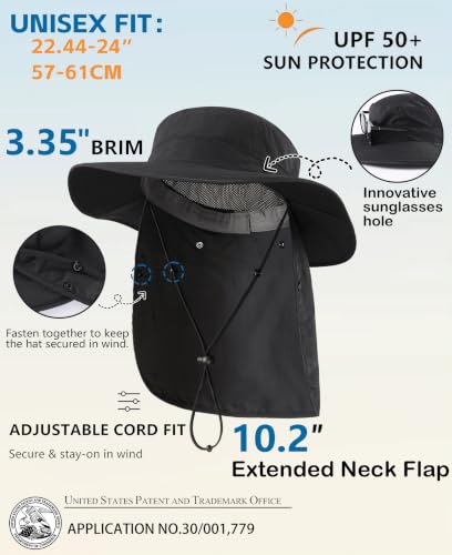 Home Prefer UPF 50+ Wide Brim Sun Hats with Neck Flap Sun Protection Hat for Men Women Gardening Fishing Summer Bucket Hat - color: Black