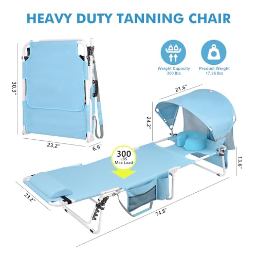 Tanning Chair with Sun Canopy Face Hole Softer Padded Adjustable Washable, Heavy Duty Layout Folding Lounge Chair for Adults Outside Beach Reading Sunbathing Poolside Lawn, UPF 50+ Sun Shade, 300 LBS - color: Blue, size: Standard Size