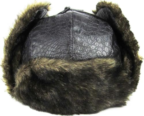 Wool Blend Aviator Trapper hat Trooper Ear Flaps Ushanka Eskimo Russian Warm Winter Cold… - color: Black Pu Leather