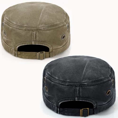 Cadet Army Hat 2 Pieces Flat Top Cap Unisex Military Hat for Women Men - color: Black E + Army Green E