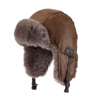 Faux Fur Trapper Hat Womens Winter Hats with Ear Flaps Leather Ushanka Russian Hat for Men Cossack Hunter Ski Caps - color: Mg-lfm25119-camel