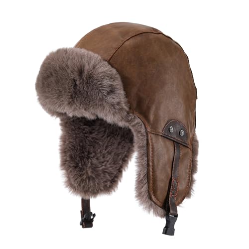 Faux Fur Trapper Hat Womens Winter Hats with Ear Flaps Leather Ushanka Russian Hat for Men Cossack Hunter Ski Caps - color: Mg-lfm25119-camel