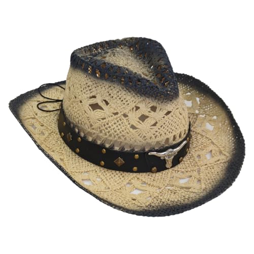 Straw Cowboy Hat for Women, Cowgirl Hat Wide Brim Western Cowboy Hat - color: Light Beige With Smoky Edge