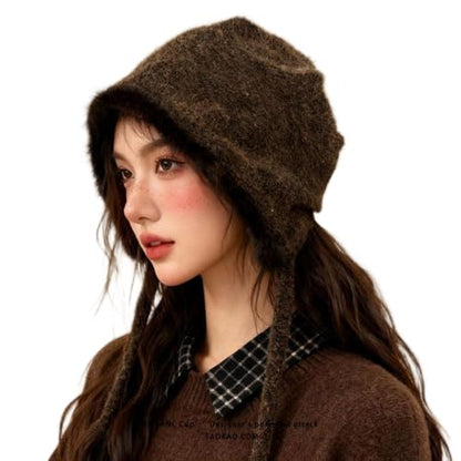 Women Winter Fleece Beanies Hat with Ear Flaps Soft Warm Crochet Skull Cap - color: B Coffee