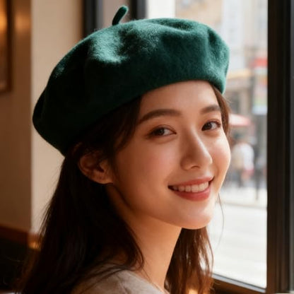 Women French Beret Hat Solid Artist Hat Wool Beret Winter Warm Beanie Cap - color: Dark Green