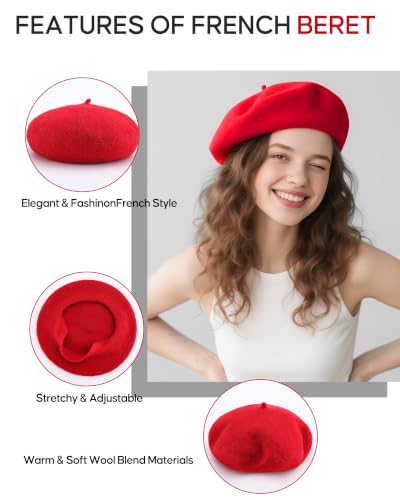 French Beret Hats for Women - Wool Solid Color Beanie Cap - color: Red