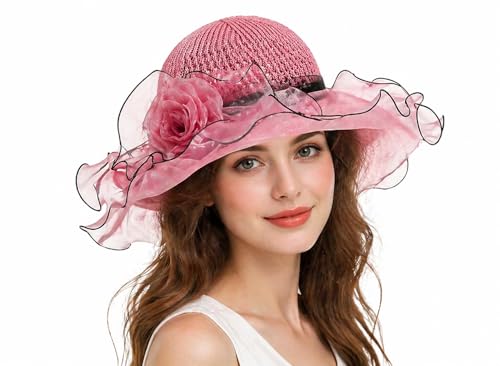 Floral Church Wide Brim Sun Hat, Breathable Derby Tea Party Hat - color: Red