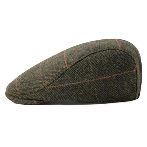 FEINION Men Wool Blend Flat Cap Tweed Newsboy Ivy Hat - color: Plaid Green