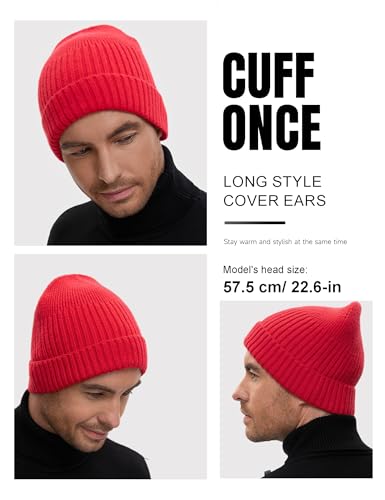 vidsel 50% Wool Double Cuff Beanie Hat for Men Women, Warm Winter Knit Cap - color: Red